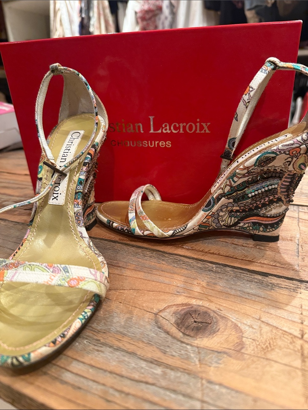 Christian Lacroix Paisley-Strap Cream and Turquoise Wedge Sandals